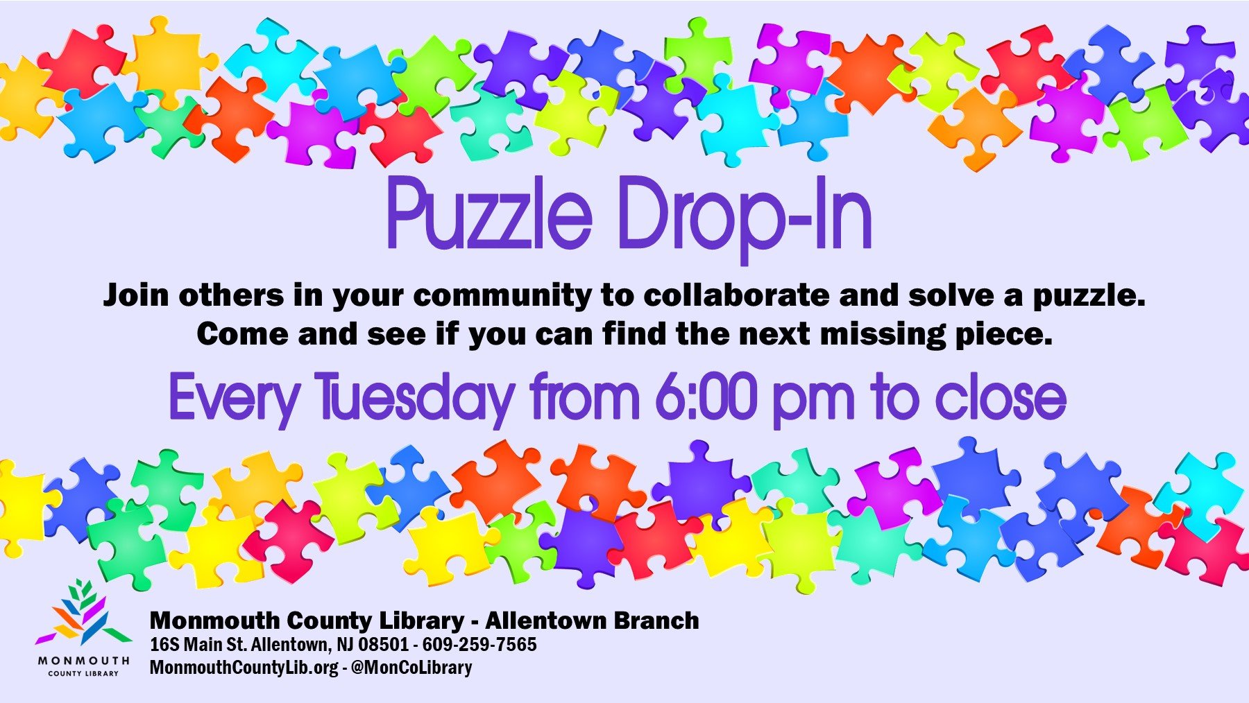 Colorful puzzle pieces with event details for a puzzle drop-in