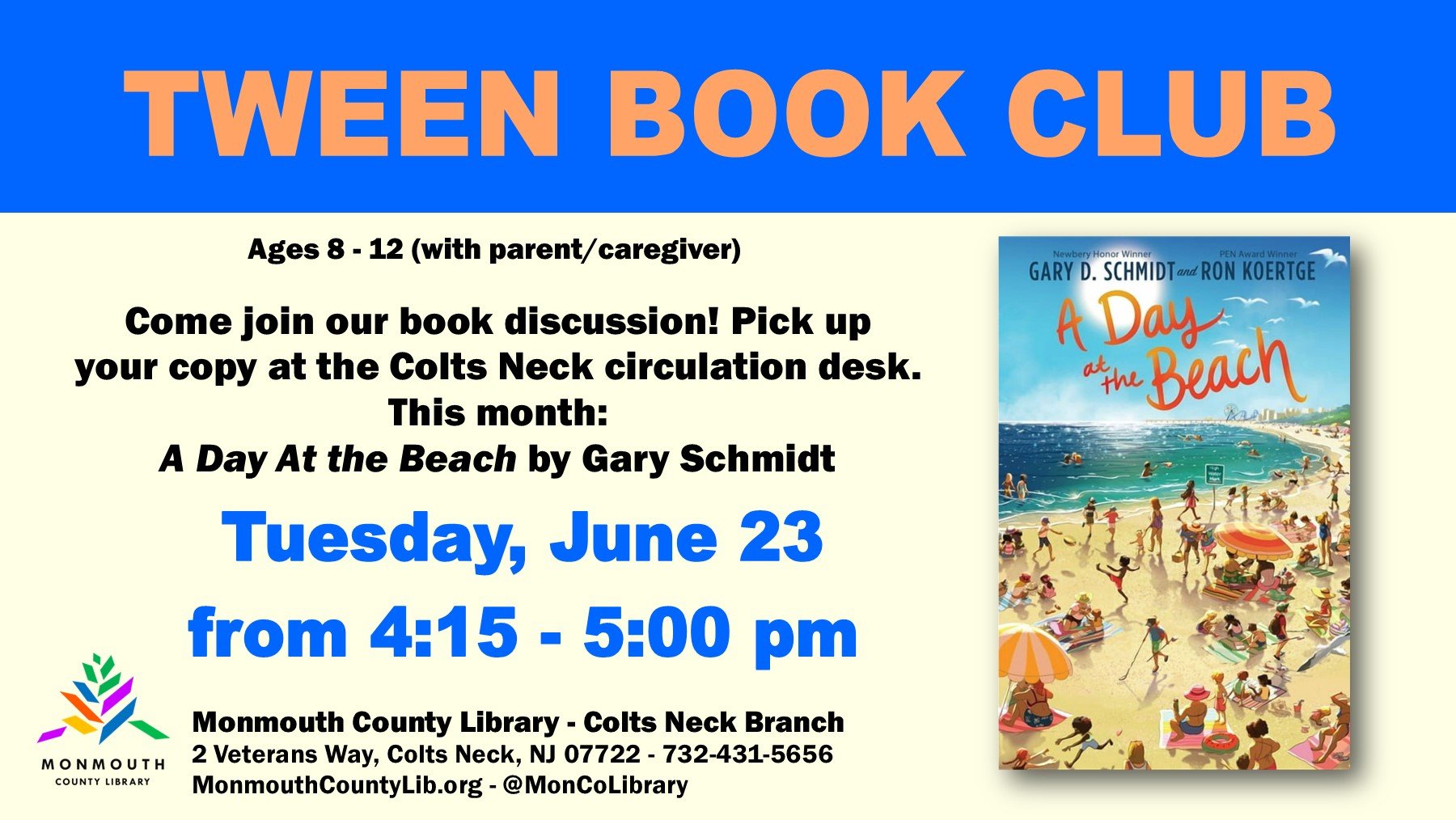Tween book club announcement featuring "A Day at the Beach