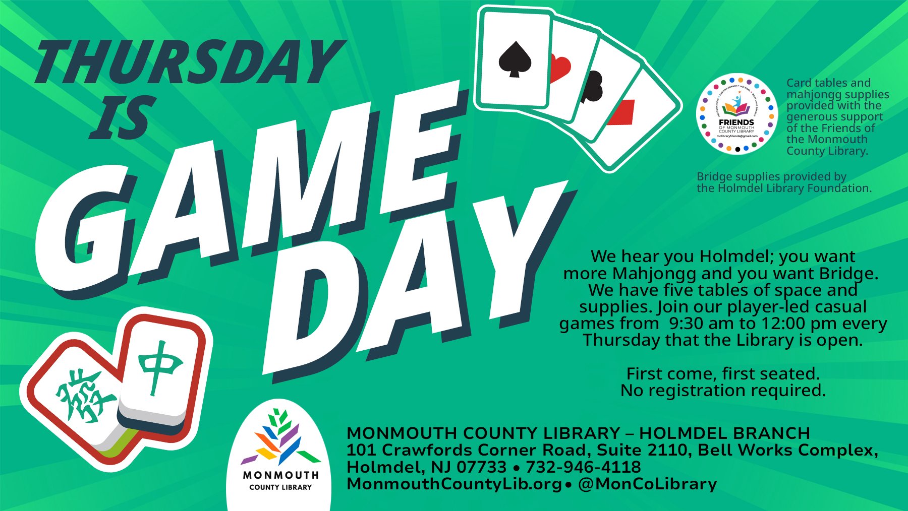 Game day announcement for Mahjong and Bridge at Monmouth County Library