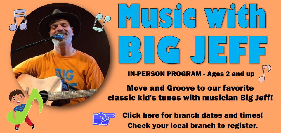 Musician Big Jeff performing with a guitar, promoting a kids' music program