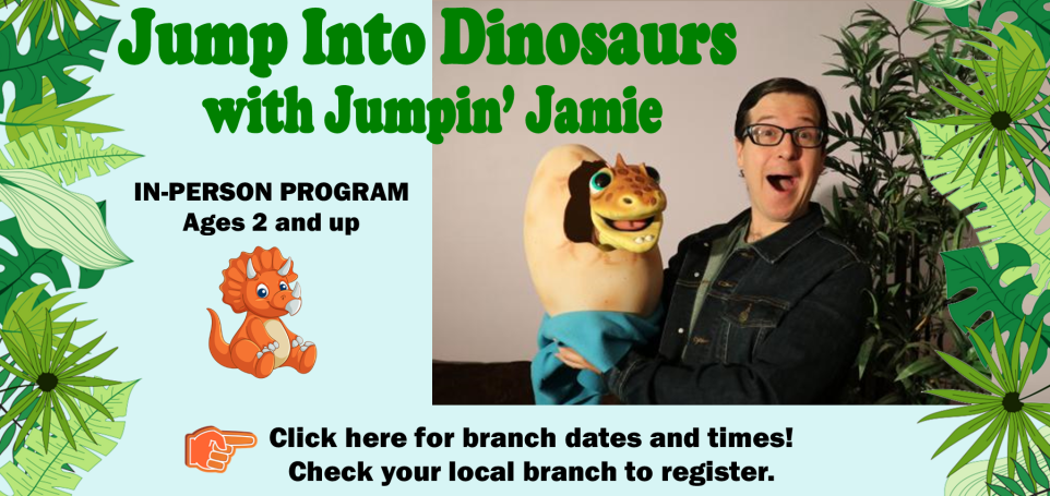 Jump into dinosaurs with Jumpin' Jamie, in-person program for ages 2+