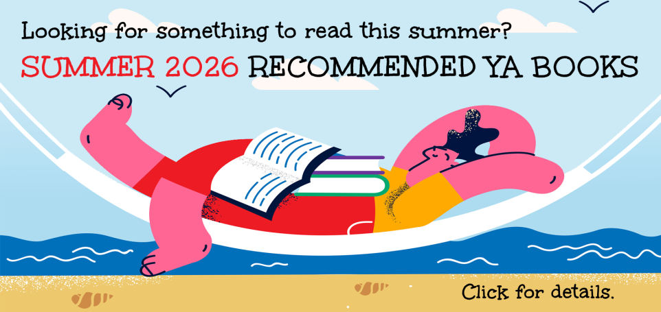 A cartoon character relaxes on a float with books, promoting summer reading